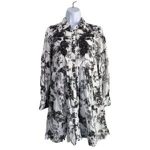 Anthropologie Lavinia Shirt Dress Sz 2 Black White Floral Embroidered Fairy Boho